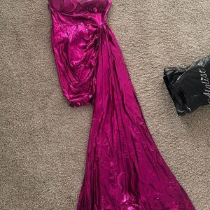 Strapless Metallic Magenta Evening Gown with Draped Train